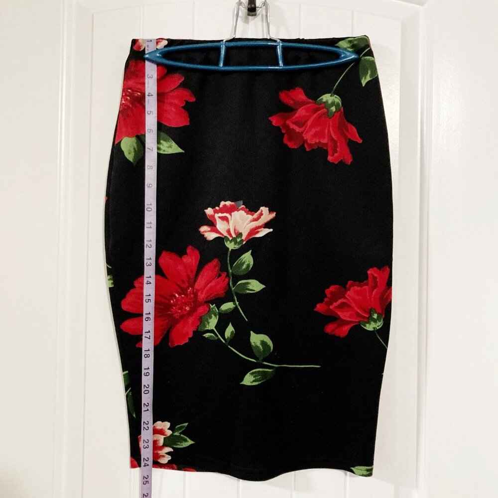REVAMPED Black red green floral print bodycon pencil skirt XS SMALL wiggle skirt - Picture 4 of 12